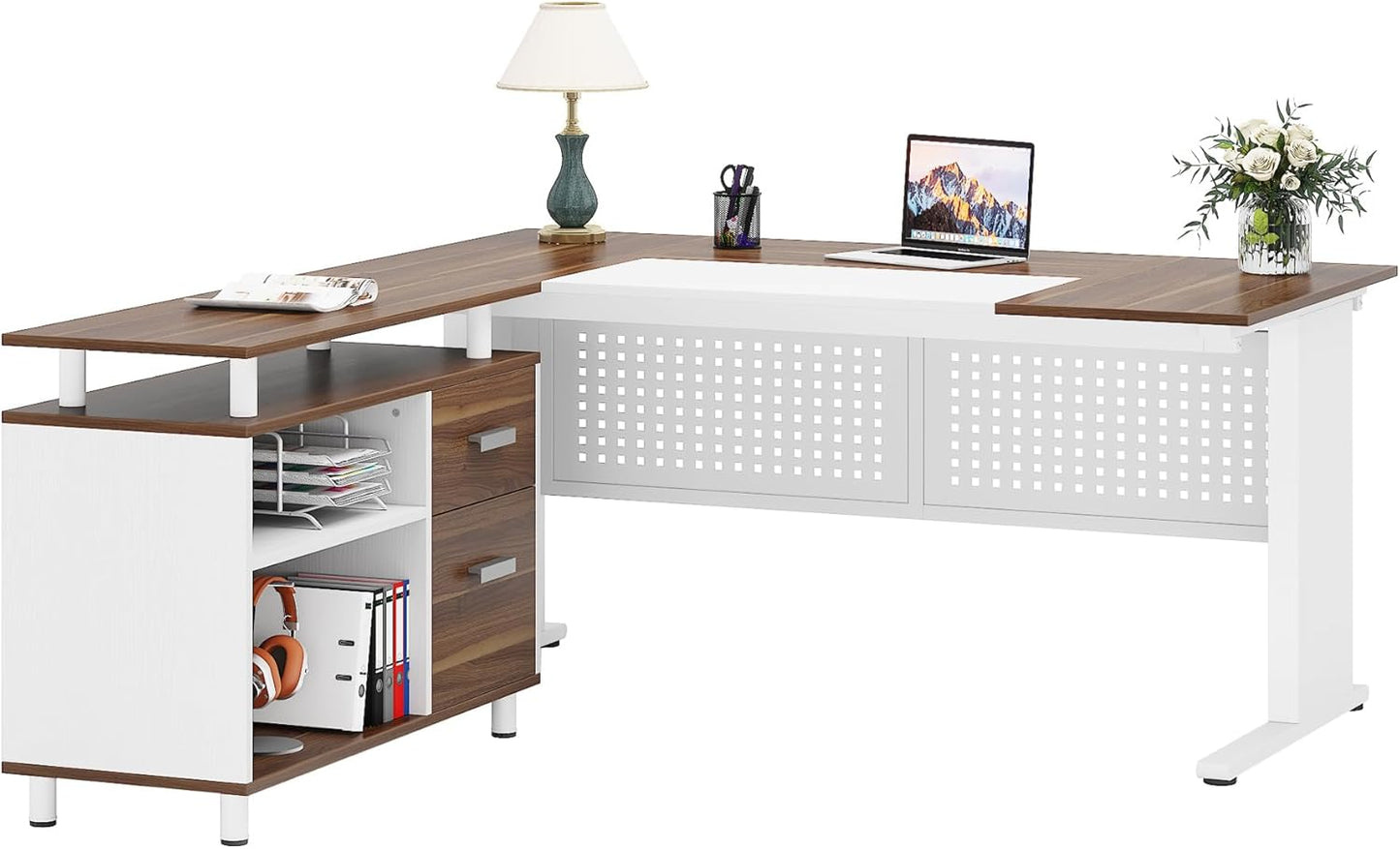 63 Inch Executive Desk with File Cabinet, L Shaped Office Desk with Drawers and Storage Shelves, Business Furniture Set Workstation for Home Office, White and Walnut