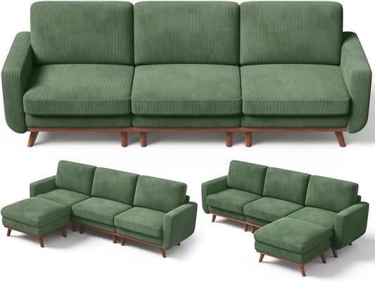 97" L-Shape Modular Sofa, 3-Seat Corduroy Couch with Movable Ottoman, Sectional Sofa for Living Room, Green