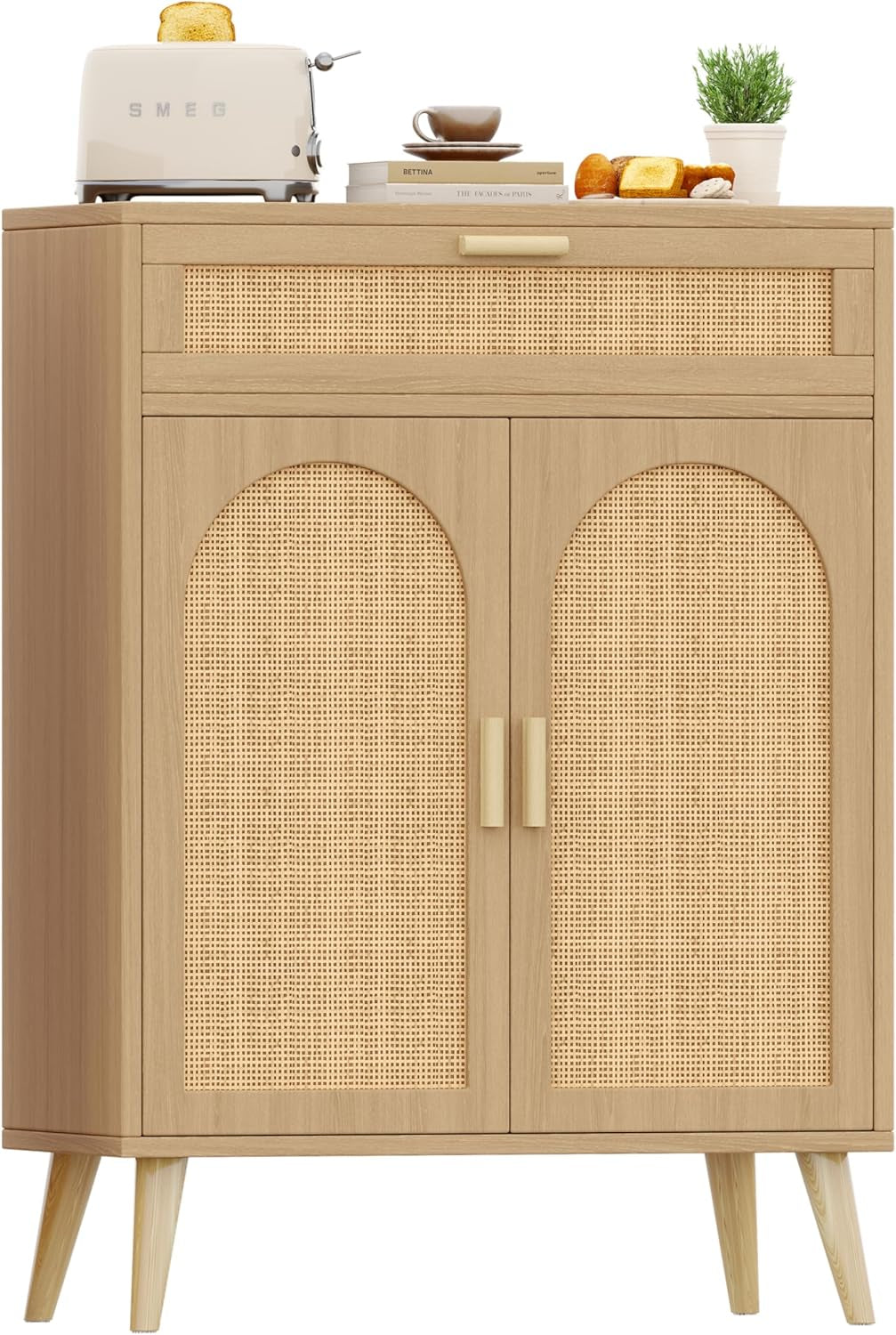 Rattan Buffet Cabinet with Storage, Sideboard with Drawer & Adjustable Shelf, Accent Kitchen Floor Storage Cabinet with 2 Doors & Solid Wood Feet, Coffee Bar for Living Room, Entryway, Natural Oak