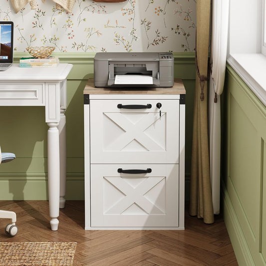 2 Drawer File Cabinet with Lock, Wood Farmhouse Filing Cabinet for Home Office, Printer Stand Fits Letter and A4 Size, White