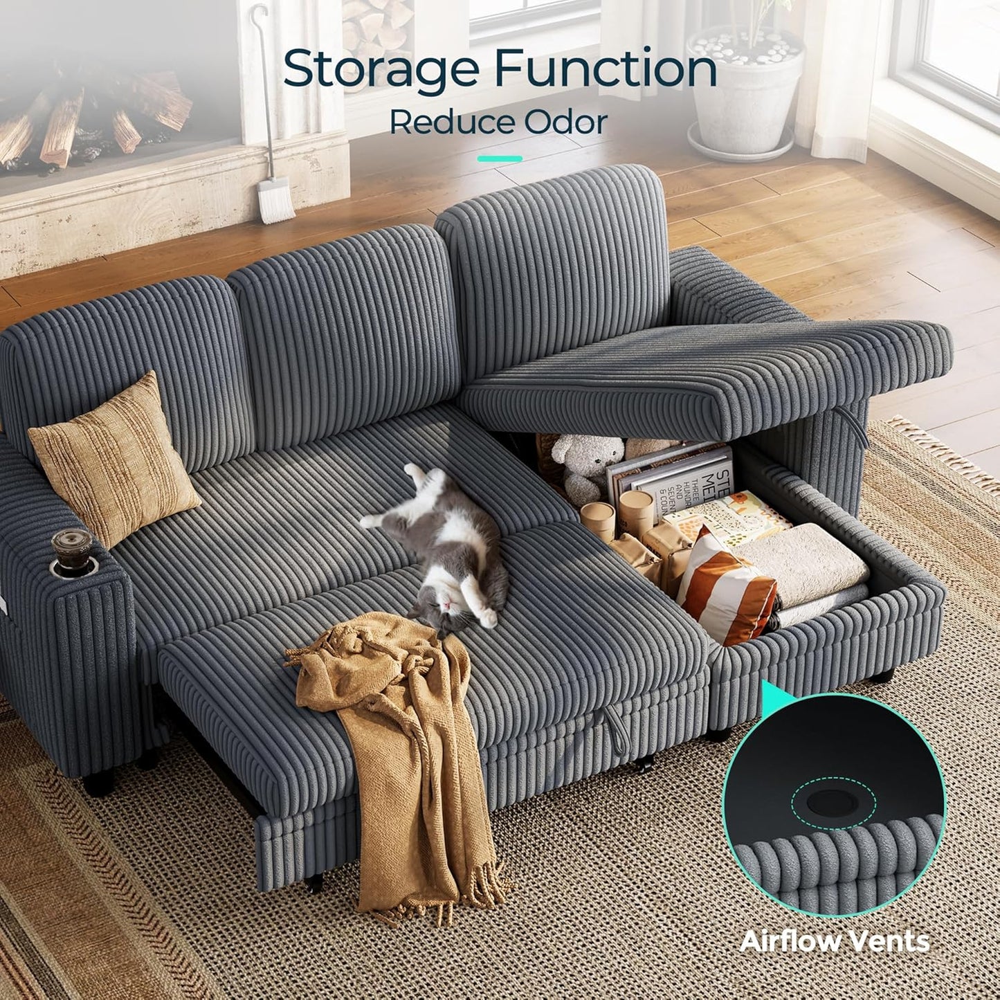 Sectional Sleeper Sofa with Pull Out Couch Bed Convertible Plush Corduroy Cloud Couch with Storage Chaise & USB Charging, Comfy L Shaped Modular Couches for Living Room Apartment (Grey)