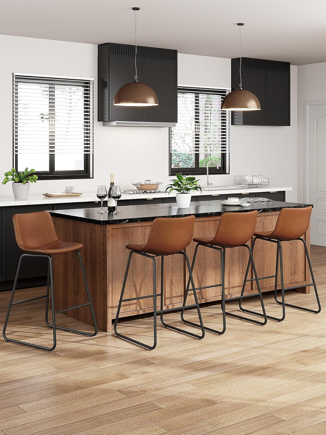 Bar Stools Set of 3, 26 Inches Counter Height Bar Stools with Back, Modern Faux Leather Barstools with Metal Legs and Footrest, Bar Chairs for Kitchens Island (Dark Brown)