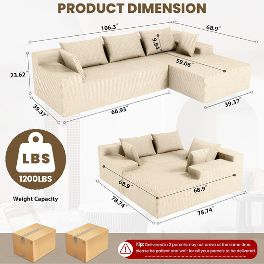 107" Cloud Sectional Couch with Deep Seat,Modern Modular Sofa with L-Shape Chaise,No Assembly Required, Upholstered Couches for Living Room Bedroom(Beige,Right Facing Chaise)
