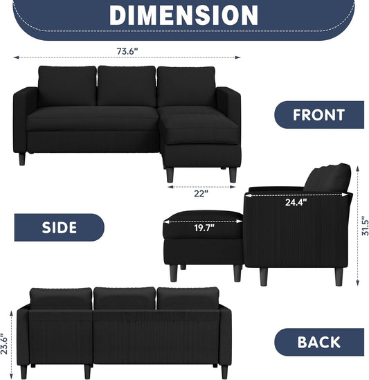 Modern Upholstered Sectional Sofa, L-Shaped Couch with Reversible Chaise for Living Room, Black Corduroy Fabric