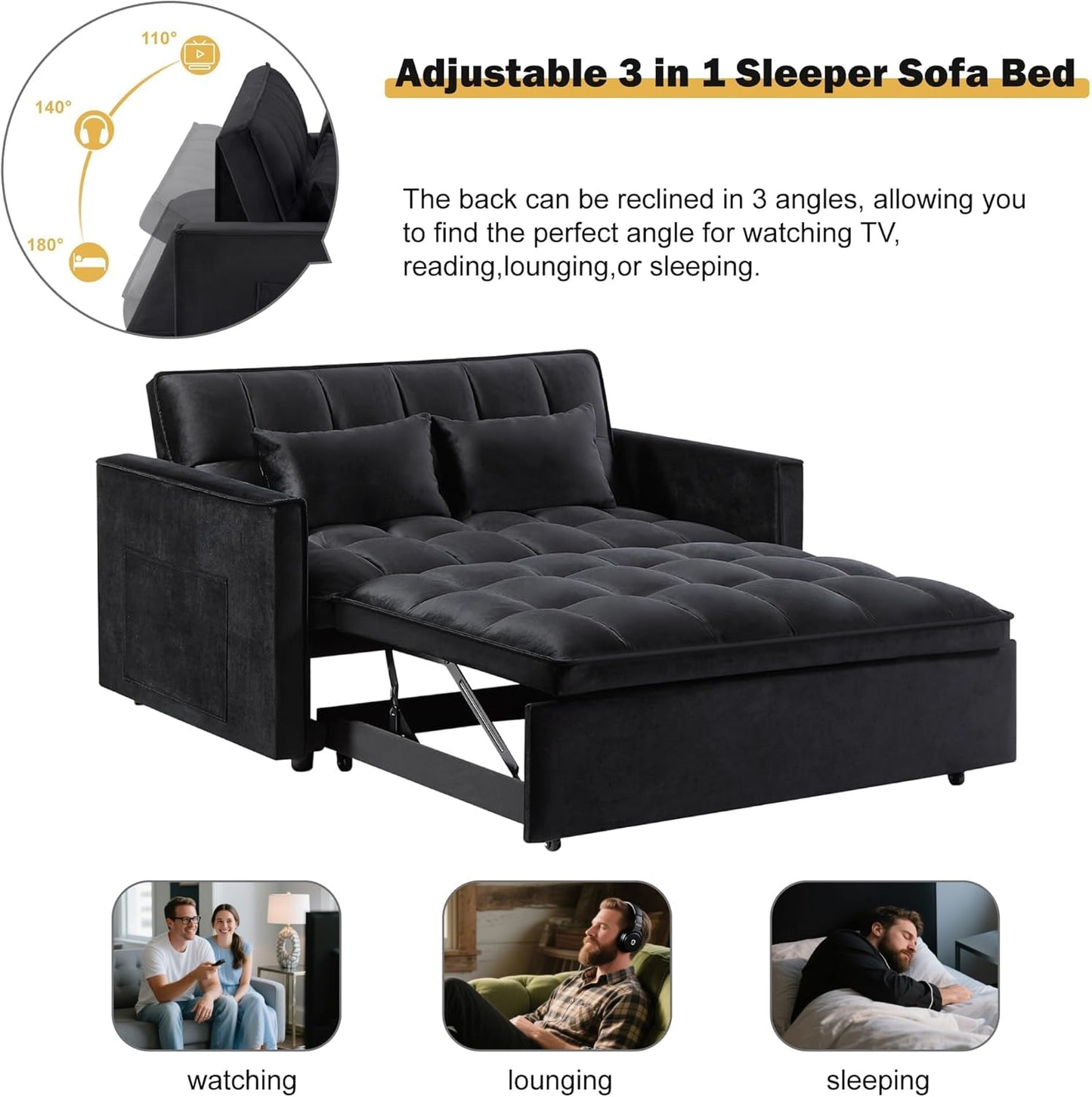 Convertible Sofa Bed, Pull Out Couch with Side Pockets, 3 in 1 Velvet Fabric Loveseat Sleeper Sofa Bed, Pull Out Couch with Adjustable Backrest for Living Room, Bedroom, Apartment, Black