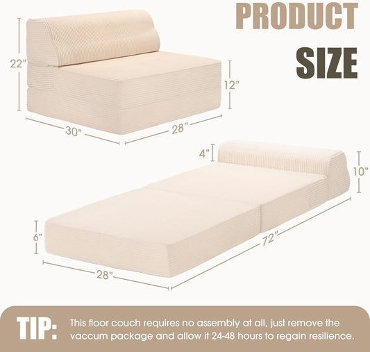 Folding Sofa Bed with Pillow, Memory Foam Fold Out Chair Bed, Convertible Sleeper Chair with Washable Cover, Futon Floor Couch for Living Room/Dorm/Guest Use/Home Office/Apartment, Beige