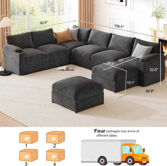 Modular Sectional Sofa Couch for Living Room Velvet Couches Oversized U Shaped Convertible Sleeper Sofa Chaise Detachable Armrest Cushion Cup Holder (Grey, 8 Seats)