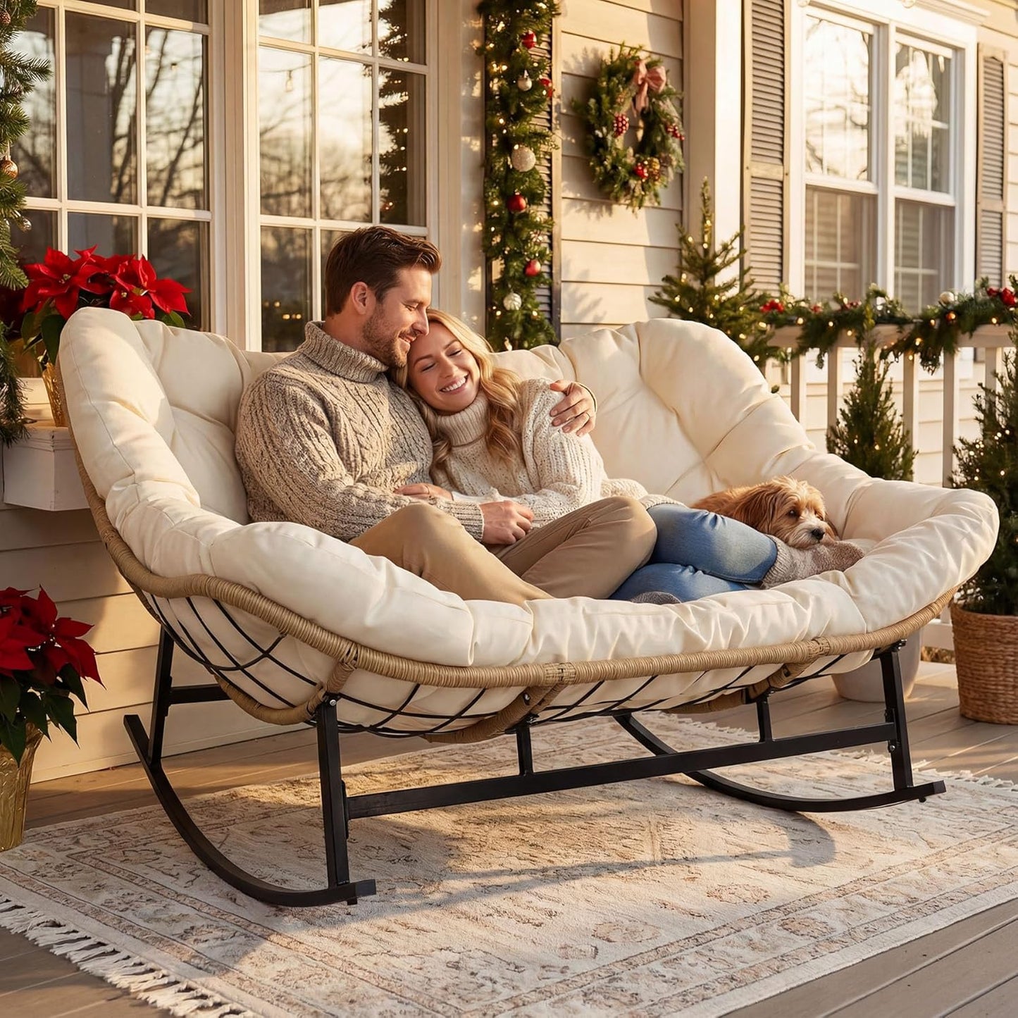 Double Egg Rocking Chair for 2, Oversized Rattan Recliner Loveseat with Padded Cushion, 700 Lbs Heavy Duty Comfy Large Papasan Rocker for Reading Outdoor Patio Balcony Backyard Indoor, Beige