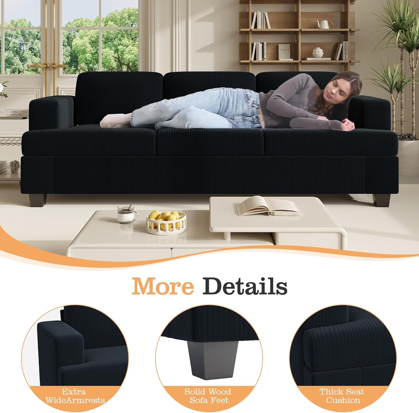 Loveseat & 3 Seater Sofa Sets, 89" Couch Sofa Set for Living Room Furniture, 2 Piece Modern Sleeper Sofa with Deep Seat Cloud Couch for Apartment Lounge, Black Corduroy
