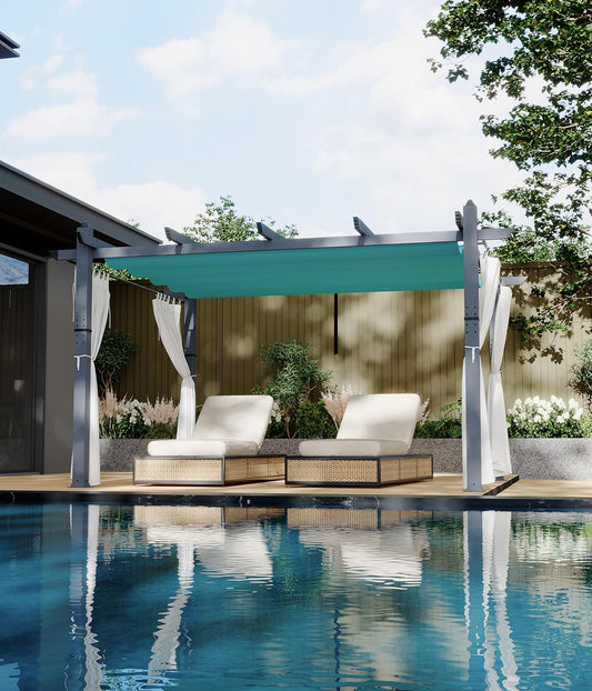 10 X 13 Ft Aluminum Pergola, Outdoor Metal Gazebo with Adjustable Canopy, Reinforced Frame Outdoor Shelter for Backyard Patio Garden Deck - Blue with Curtains Mosquito Netting