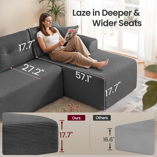 Boneless Couch, Modern Cloud Couch with Deep Seat, Corduroy Sofa for Living Room, Bedroom, Modular Sectional Sofa with Right-Facing Chaise, 108.3 Inches, Slate Gray ULCS182GN01