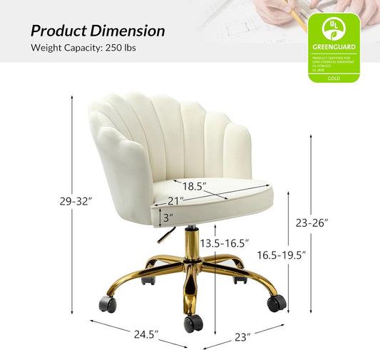 Velvet Home Office Desk Chair with Gold Base, Adjustable Swivel Task Chair for Vanity, Women'S Modern Cute Shell Back Upholstered Design, for Living Room, Ivory