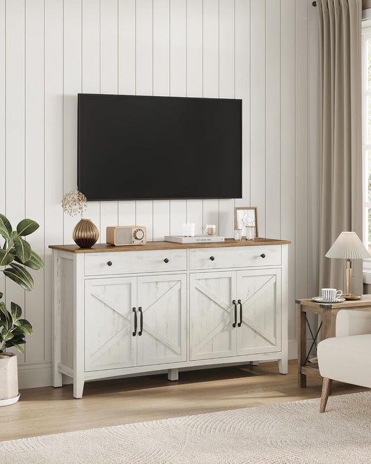 LIRY Collection - Buffet Cabinet, Coffee Bar Cabinet with 2 Drawers, Adjustable Shelves, Sideboard Storage with Cable Holes, Drawer Dividers, Rustic White and Honey Brown UBBK381W01