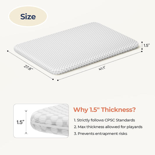 Pack and Play Mattress - 1.5" Thick Mattress Pad for Infants to Toddlers, Dual Sided Comfort Gel Memory Foam Mattress with 3D Quilted Breathable Cover