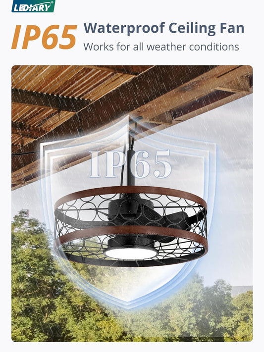 Outdoor Ceiling Fan with Light and Remote,Waterproof Gazebo Fan with Hanging Hook,6 Speeds, 3CCT, 20 Inch Caged Plug in Ceiling Fan for Patios,Porch, Pergola,Canopy