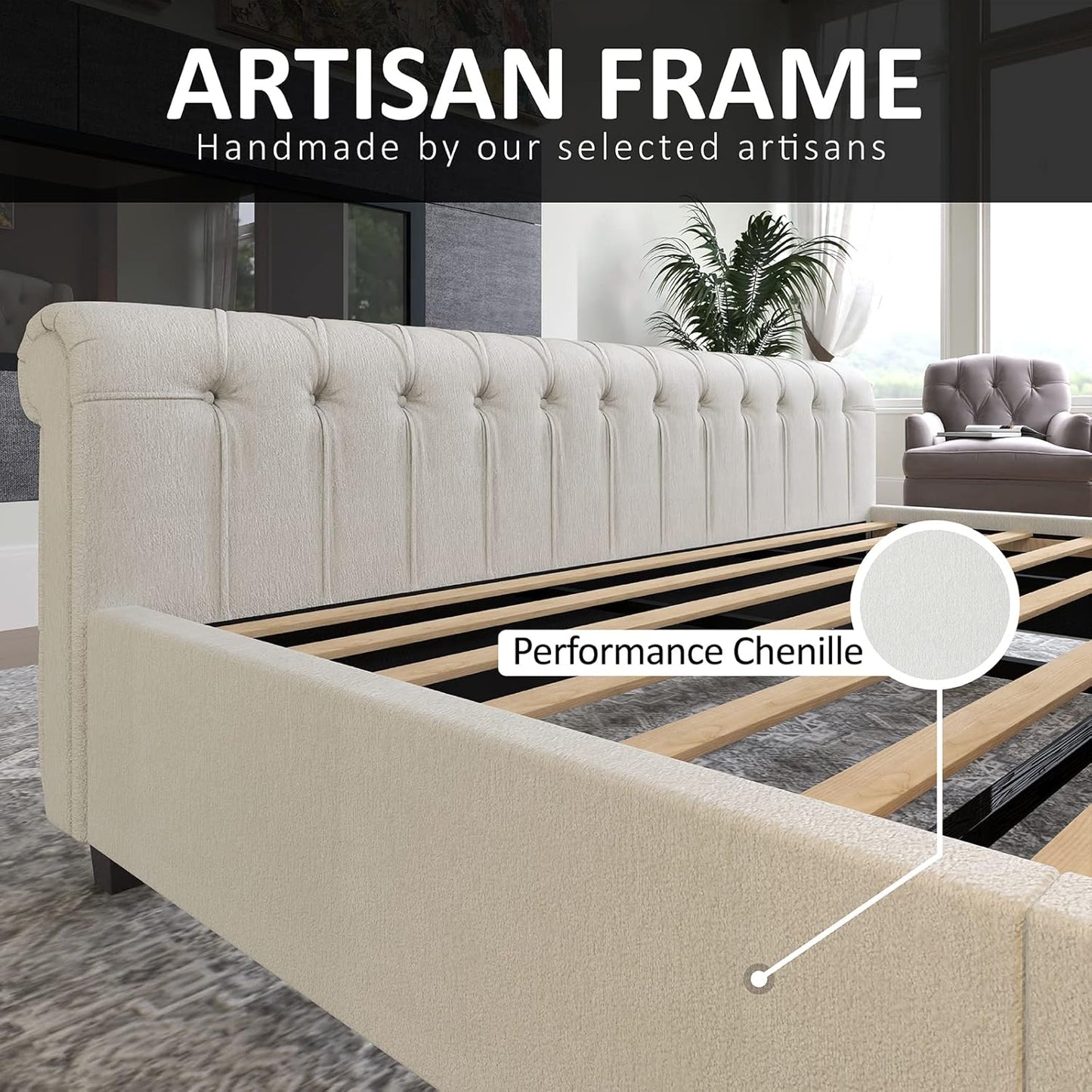 Queen Size Platform Bed Frame, Chenille Upholstered Sleigh Bed with Scroll Wingback Headboard & Footboard/Button Tufted/No Box Spring Required/Cream