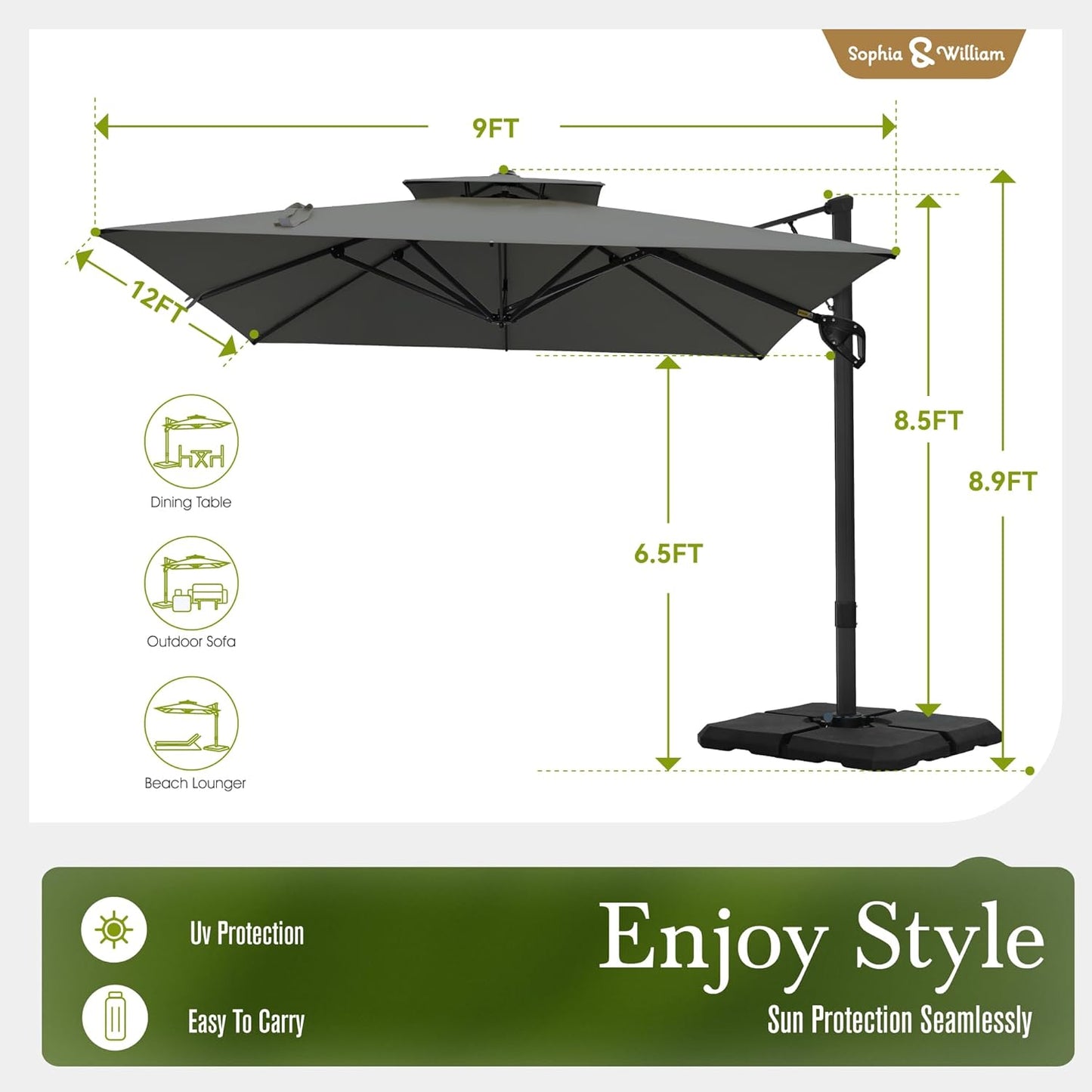 12Ft Cantilever Patio Umbrella with Base, Large Rectangular Umbrellas with 360-Degree Rotation, Aluminum Pole for Garden Pool Backyard, Grey