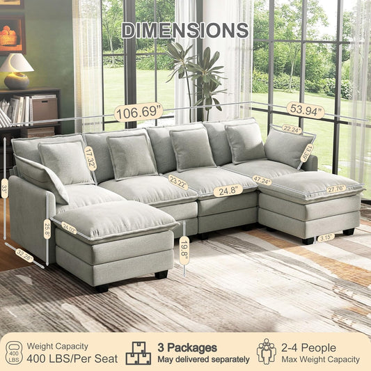 107" Cloud Couch Sectional, U Shaped Modular Sectional Sofa, 4-Seat Deep Seat Couch with 6 Removable Washable Pillows and 2 Ottoman for Living Room, Bedroom, Apartment, Light Grey