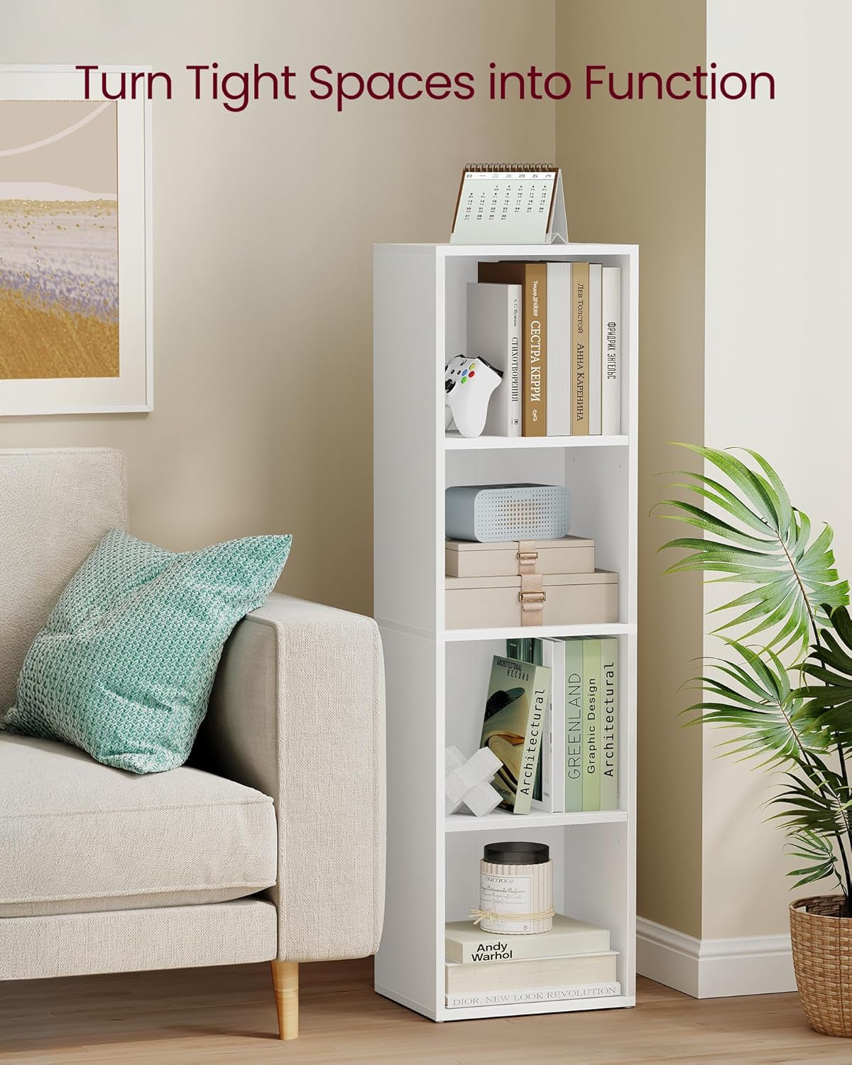 Custos Collection - Bookshelf, 4-Tier Bookcase, Book Shelf, Open Storage Shelf, 9.4 X 11.8 X 41.7 Inches, for Living Room, Home Office, Dining Room, Cloud White ULBC434W01