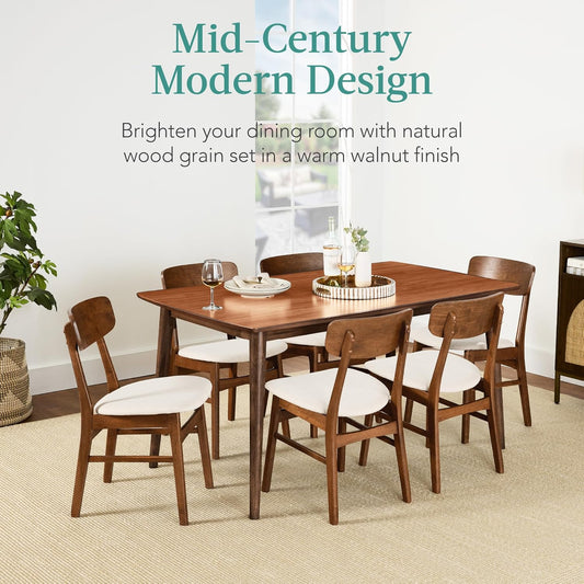 7-Piece Wooden Dining Room Table Set, Mid-Century Modern, Kitchen Table W/ 6 Chairs, Upholstered Cushions, Curved Backrests, Rounded Table Corners - Walnut/Cream