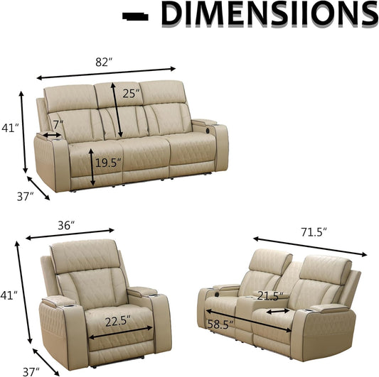 Leather Power Recliner Sofa Set with LED, Living Room Furniture Set, Leather Sofa Set with USB Port Storage Console Cup Holder for Office Living Room Home (Khaki)