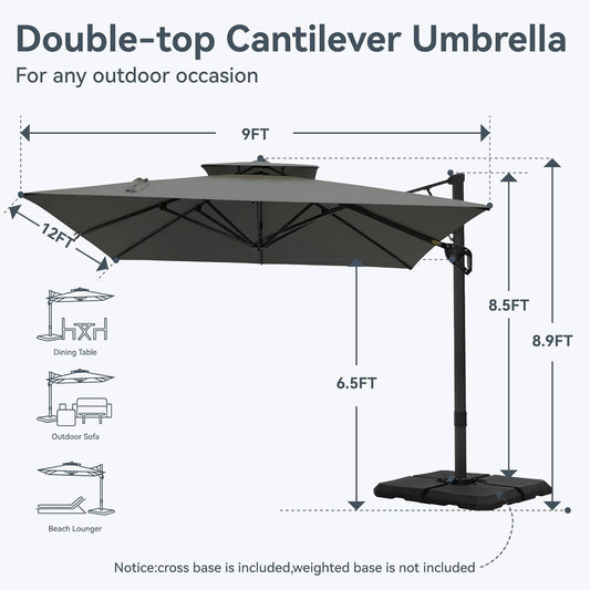 12X9 Ft Cantilever Patio Umbrella with Base Included, Rectangle Offset Outdoor Umbrellas with 360° Rotation, 5-Year-Non-Fading Hanging Pool Umbrella for Garden Deck Poolside - Grey