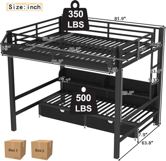 Queen over Queen Metal Bunk Bed with Storage Drawers and Shelves, Heavy Duty Bunk Beds with LED Lights and Charging Station for Kids,Adults,Convertible into a Sofa Bed,Black