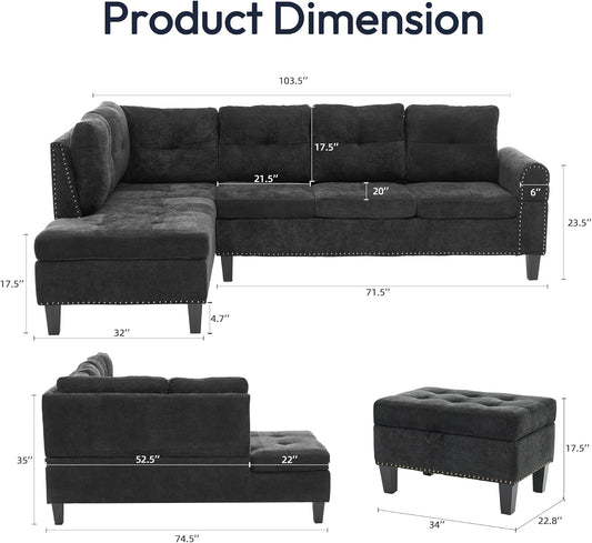 97.5" L Shaped Couch Set, Modular Sectional Couches for Living Room with Storage Ottoman, 4 Seat Home Sofa Living Room Furniture Sets with Chaise for Apartment Office (Linen, Dark Grey)