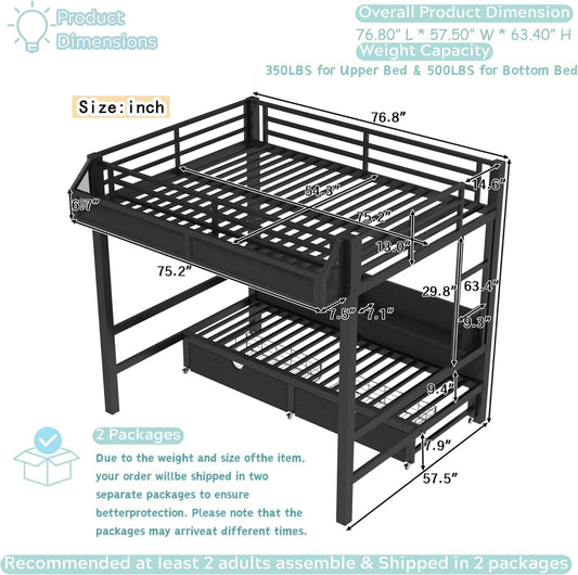 Full over Full Bunk Bed with Storage Shelves and Drawers, Metal Bunk Beds with Lights and USB Ports, Lower Bunkbed Can Be Converted, for Guest Room, Bedroom, Dorms, Muti-Function and Noise-Free, Black