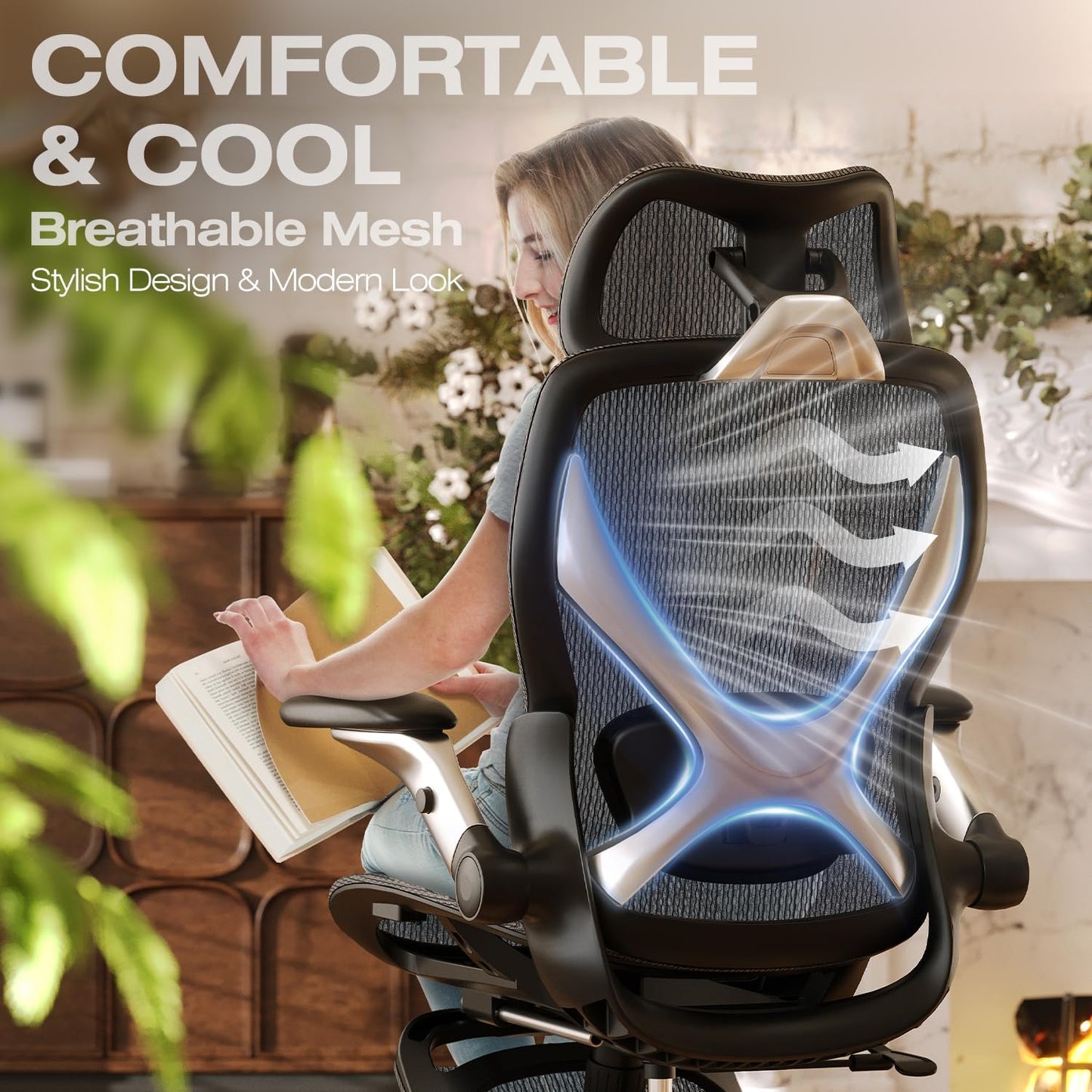 X100 Ergonomic Mesh Office Chair with Footrest, Big and Tall Hone Desk Chair with 5D Flip-Up Arms, Adjustable 3D Lumbar Support,Gaming & Executive Computer Chairs