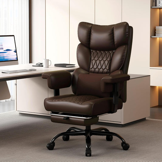 Big and Tall Office Chair with Footrest, High Back Executive Desk Chair with Adjustable Lift Armrest, 155°Recline,Lumbar Support Pillow, Faux Leather Gaming Chairs for Home or Office Brown