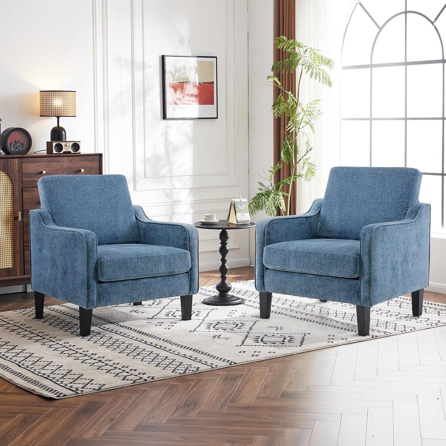 Mid Century Modern Accent Chair,Navy Blue Chenille Chairs for Living Room Upholstered Armchair with Scooped Arms for Bedroom,Apartment,Studio,Office,Waiting Room