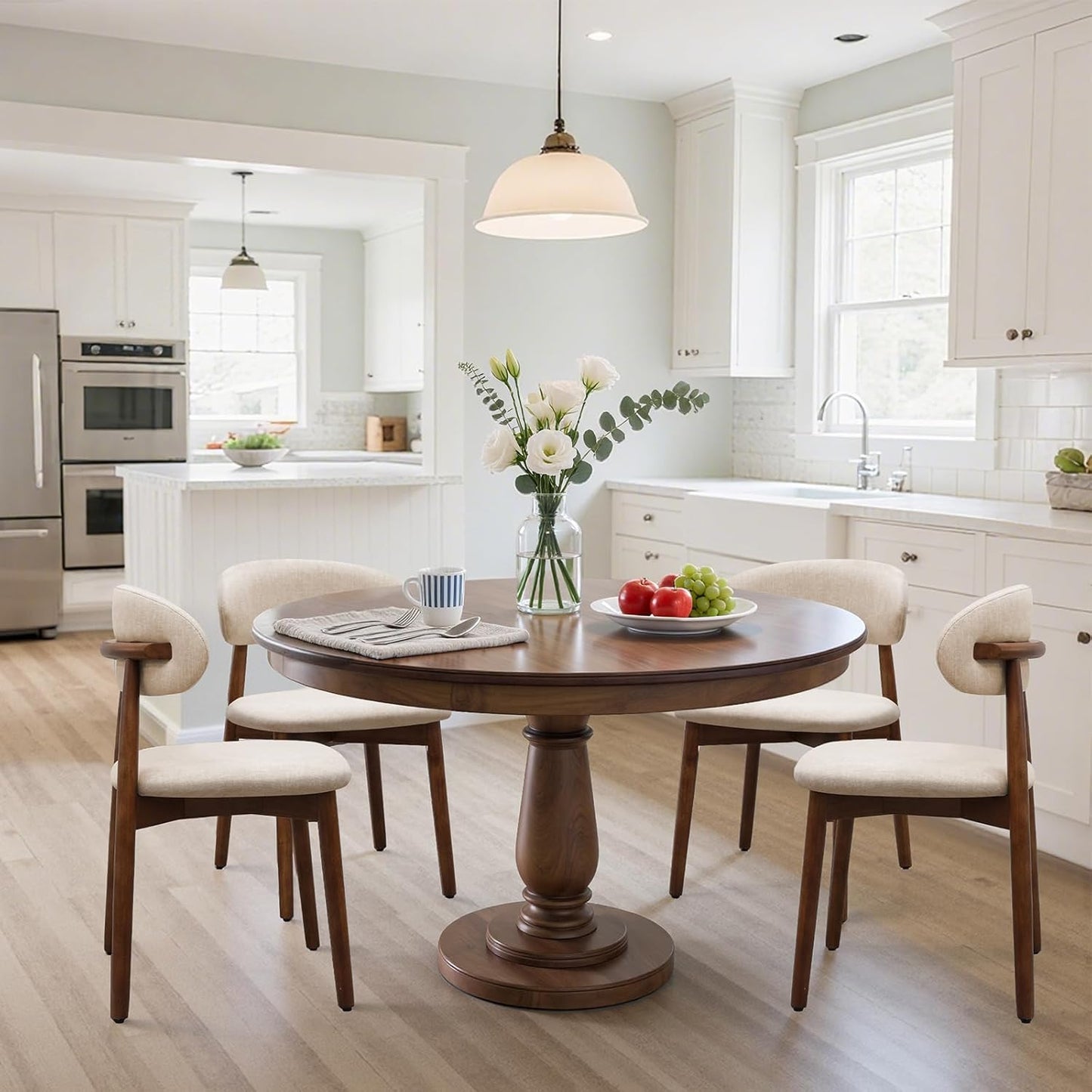 Farmhouse Dining Chairs Set of 4, Mid Century Modern Fabric Upholstered Kitchen Chairs, Wooden Dining Room Chair with Curved Back for Kitchen Dining Room Restaurant Cafe, Light Camel (Only Chairs)