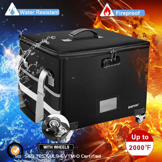 Fireproof Document Box with Wheels, Collapsible File Box with Lock, Rolling File Storage Organizer Filing Cabinet with Pockets, Portable Home Office Safe for Hanging Letter/Legal Folder