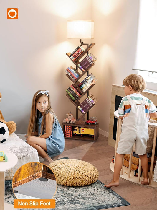 6-Tier Tree Book Shelf with LED Light, Steel&Wood Bookshelf with Storage Cabinet, Narrow Tall Bookcase with 3CCT Bulb, Small Bookshelf for Bedroom, Home Office&Living Room-Rustic Brown