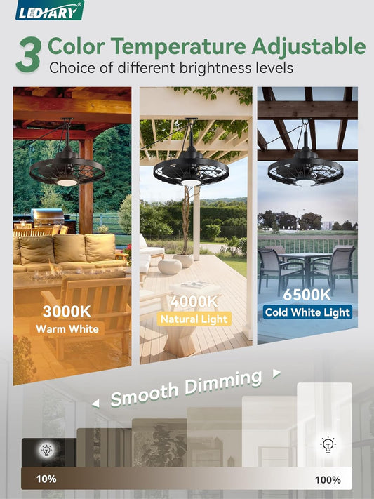 20" Outdoor Ceiling Fan with Lights,Ip65 Waterproof Gazebo Hanging Fan with Remote Control Smart App, Plug in Caged Ceiling Fan with 3CCT 6-Speeds for Patio Porch Pergola(Black)