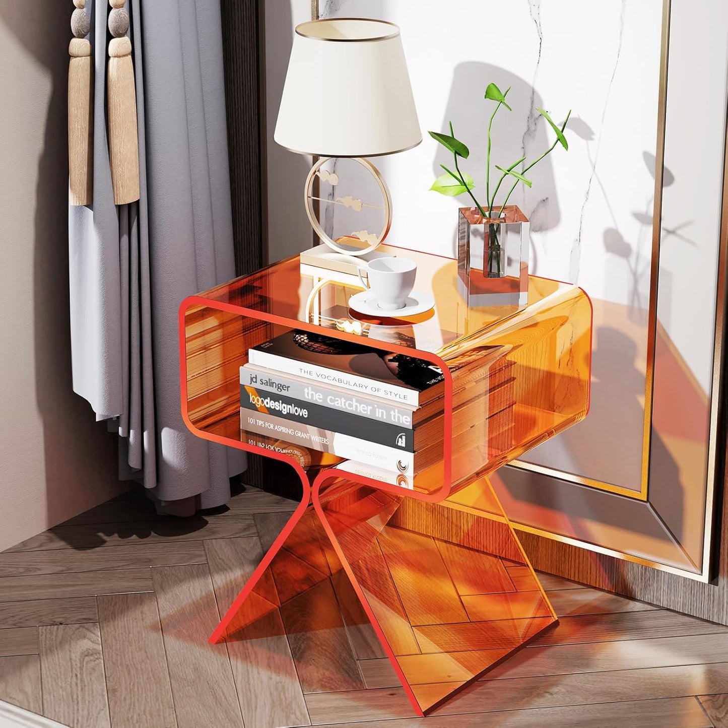 Acrylic Nightstand Side Table Modern Design Clear Home Decor Display End Table for Living Room (Orange)