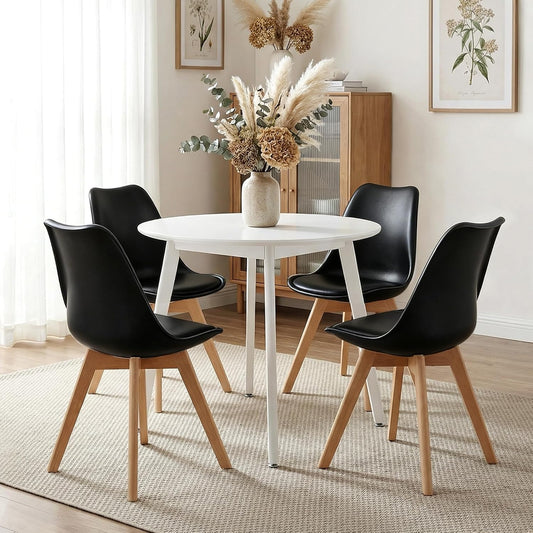 Dining Chairs Set of 4, Modern Upholstered Dining Room Chairs with PU Leather Padded Seat, Armless Kitchen Chairs with Curved Backrest and Solid Wood Legs for Dining Room, Kitchen, Apartment, Black