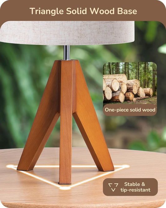 Tripod Table Lamp, Small Cute Bedside Lamp with Linen Beige Lampshade, Nightstand Lamp for Nursery, Bedroom, Kid Room, Living Room, Light Brown Wooden Base, E26 Socket, 14.2 Inch