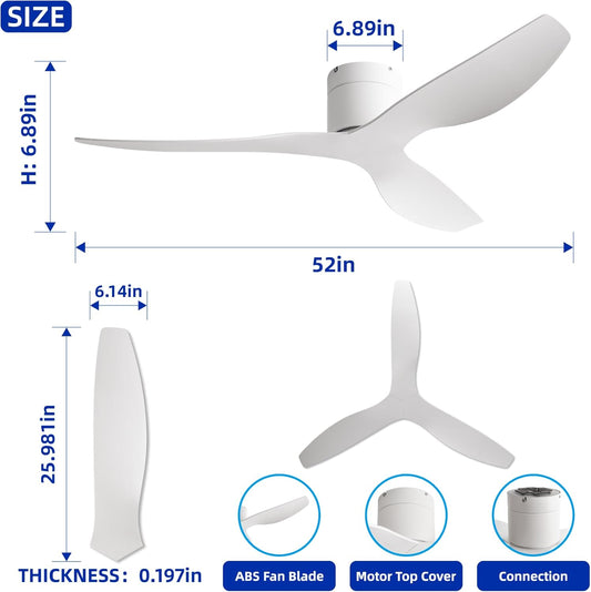 52-Inch White Ceiling Fan without Light, Modern Low-Profile Flush Mount Fan with Remote, 6-Speed Reversible Quiet DC Motor,For Balcony, Living Room, Bedroom (No Light)