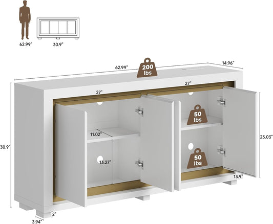 63"Sideboard Buffet Cabinet,Kitchen Buffet Storage Cabinet with Power Outlets & LED Light, Modern Storage Cabinet with 4 Doors,Coffee Bar Console Wine Bar for Living Room,Kitchen,Hallway (White)