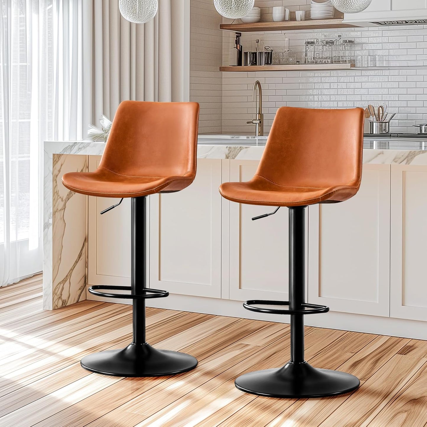 Vintage Bar Stool Height Adjustable Crazy Horse Leather Bar Chair X-Large Base and Seat Bar Stools, Ergonomic Bistro Stool with Footrest for Kitchen Dining Bistro Pubx Set of 2 Whisky Brown