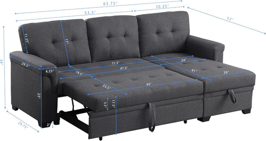 83-Inch Pull Out Sleeper Couch Bed, L-Shaped Reversible Sleeper Sectional Sofa Linen Blend Tufted Upholstered Corner Convertible Sofa Bed with Storage Chaise
