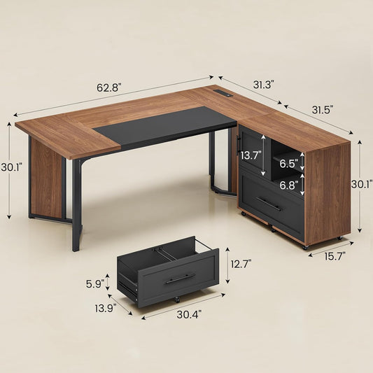 63" Executive Desk with Mobile File Cabinet, Large Office Desk with Drawer, Modern L Shaped Desk with Power Outlets, Storage Shelves, Corner Computer Desk Business Workstation Set (Walnut)