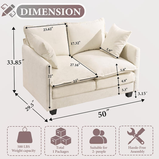 50 Inch Loveseat Sofa | Comfy Small Couch for Bedroom, Living Room, Office | Mini 2 Seater Sofa in a Box | Deep Seat with Double Layer Upholstered Cushion, Removable Cover, Chenille Fabric | Beige