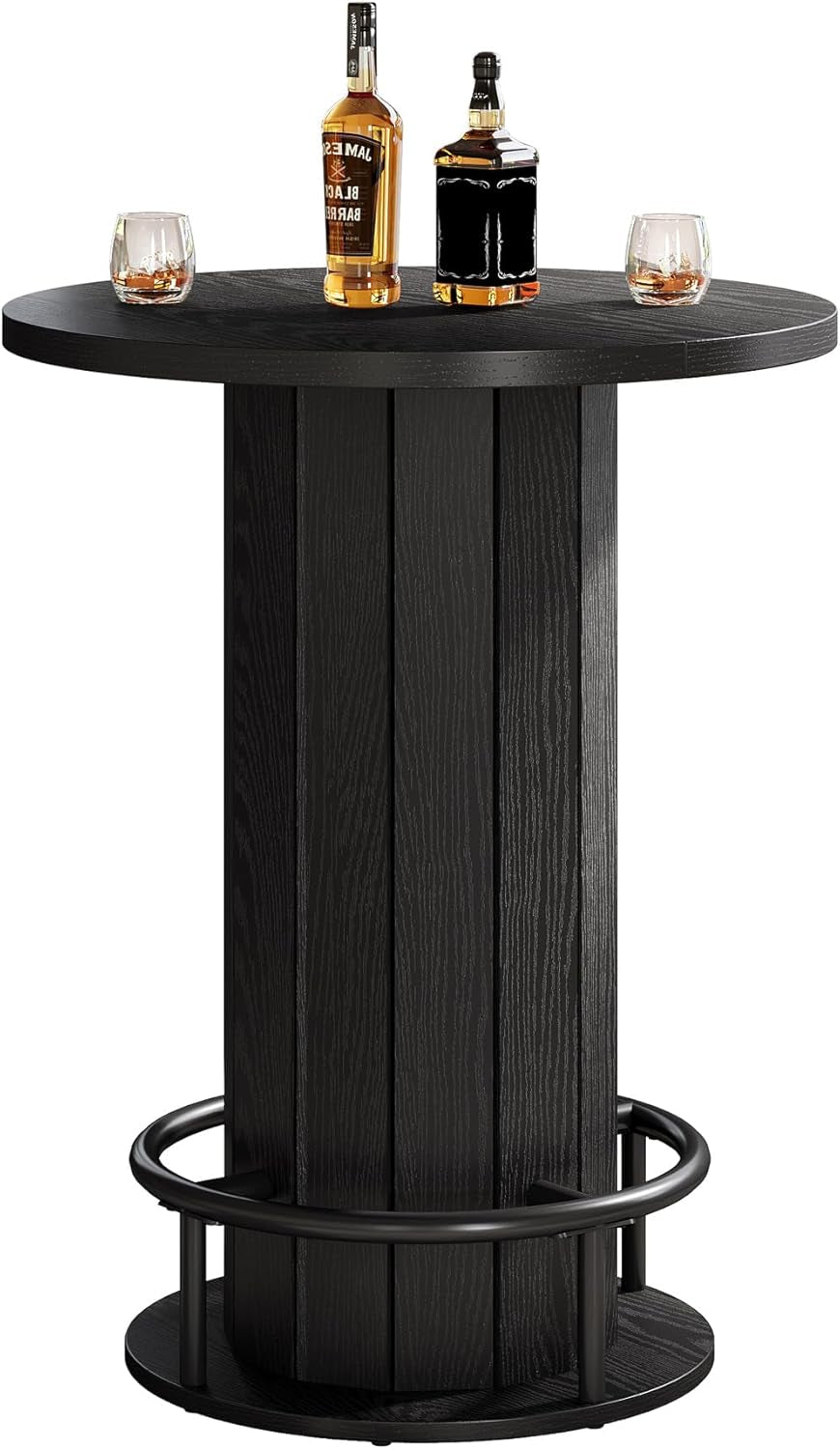 round Bar Table, 39.4" H Wood Bistro Pub Table with Metal Ring Footrest for Dining Coffee Cocktail Living Room, Small Space, Black(Only Table)