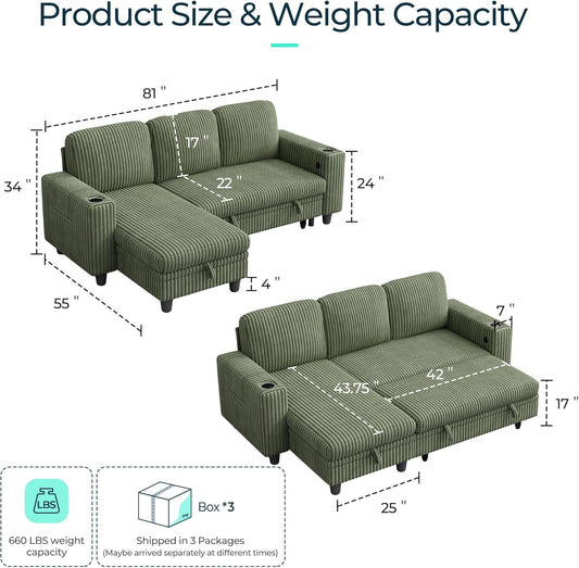 Sectional Sleeper Sofa Pull Out Couches for Living Room (Green, Sleeper Sofa 1) | Pull Out Sofa Bed, Storage, USB Charging, Cup Holders, Plush Corduroy