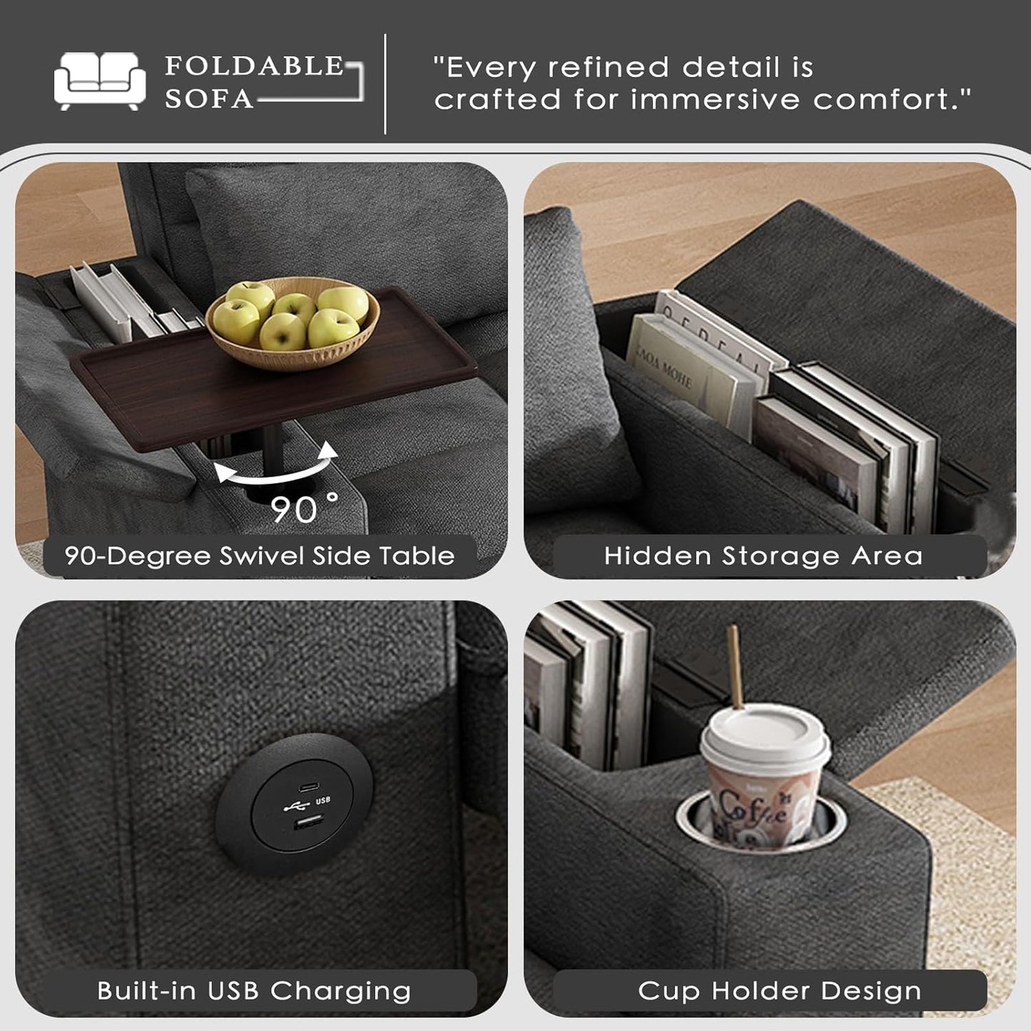 65'' 3 in 1 Convertible Sleeper Sofa Bed, Chenille Pull Out Couch for Living Room with 90° Swivel Side Table, Loveseat Sleeper with Charging Port | Side Pocket | Cup Holders, Grey