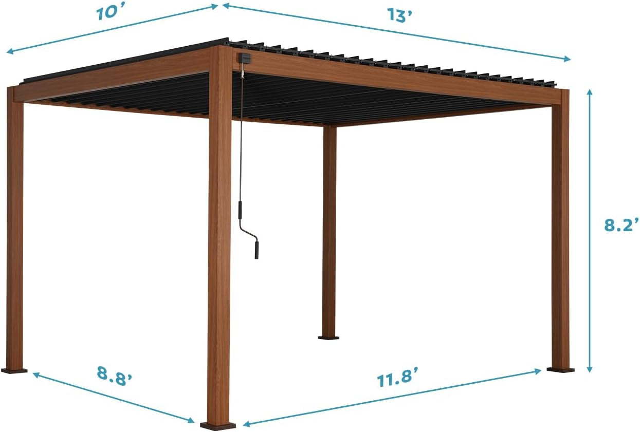 111S Takasho Louvered Pergola 10X13 Wood Grain Outdoor Aluminum Pergola with Adjustable Rainproof Roof Full Aluminum Frame Ideal for Outdoor Deck Garden Patio Durable, Cherry Oak