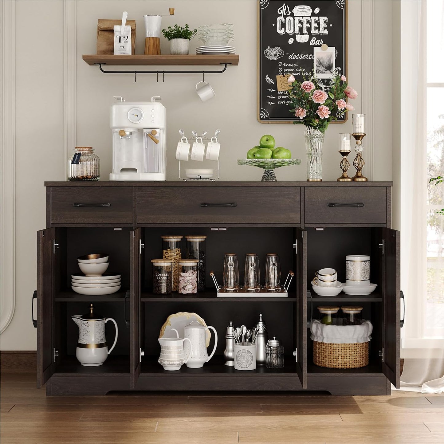 Buffet Cabinet with Drawers, 55" Large Sideboard Buffet Storage Cabinet with Shelves and Doors, Modern Farmhouse Coffee Bar Station Wood Kitchen Table for Kitchen, Dining Room, Dark Brown